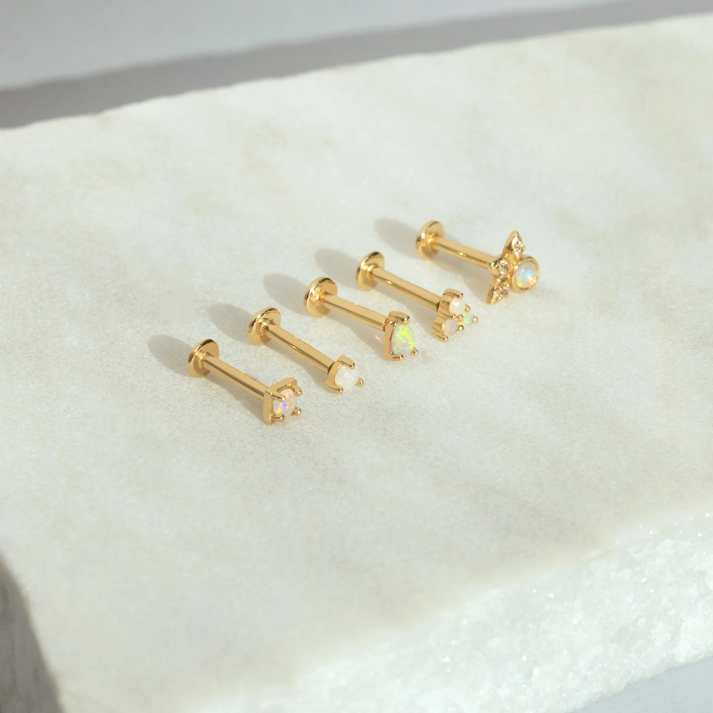 14K Solid Gold Opal Teardrop Threaded Labret Earring
