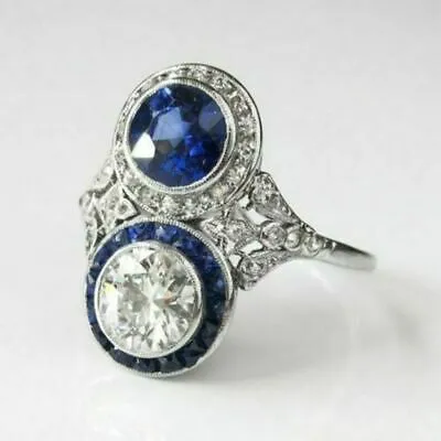 3.0 Ct White Diamond & Blue Sapphire Vintage Art Deco Engagement Ring 925 Silver