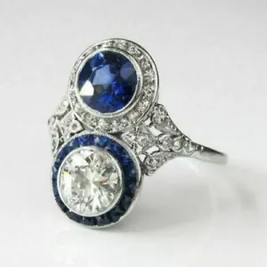3.0 Ct White Diamond & Blue Sapphire Vintage Art Deco Engagement Ring 925 Silver