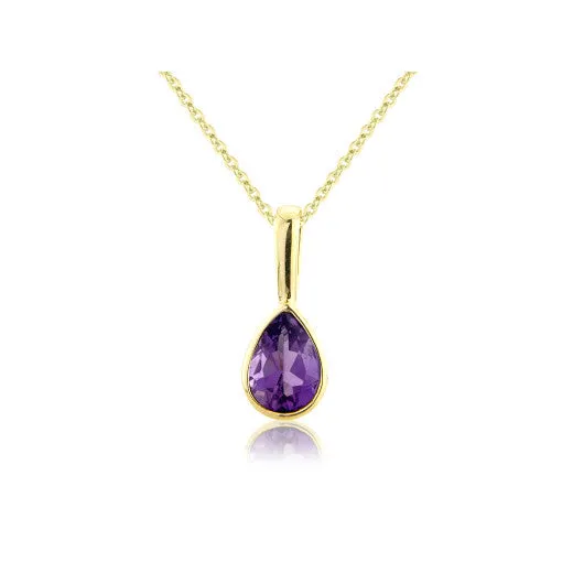9ct Yellow Gold Pear Cut Amethyst Pendant Necklace
