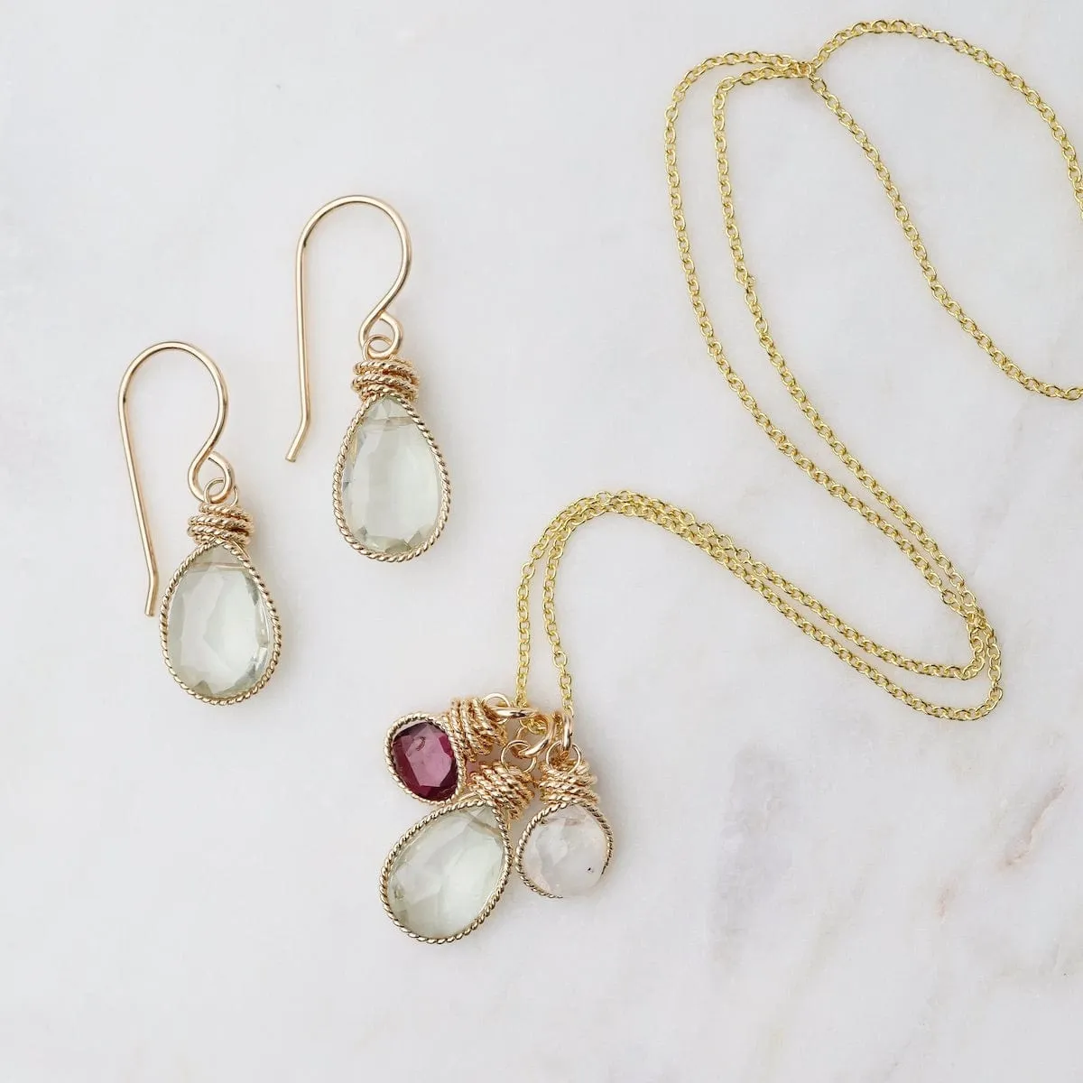 Braided Wrapped Charm Necklace with Rhodolite Garnet, Green Amethyst, and Moonstone