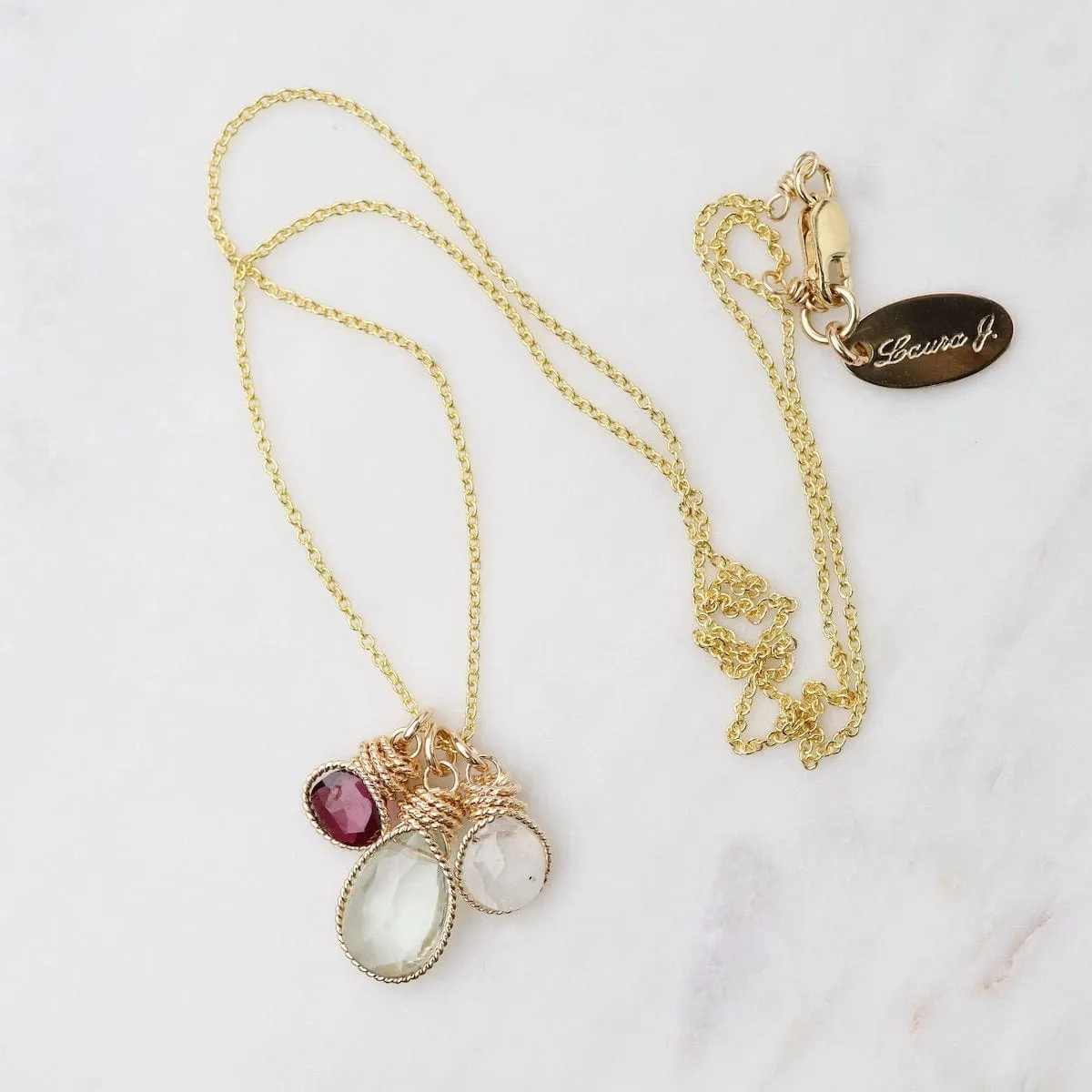 Braided Wrapped Charm Necklace with Rhodolite Garnet, Green Amethyst, and Moonstone