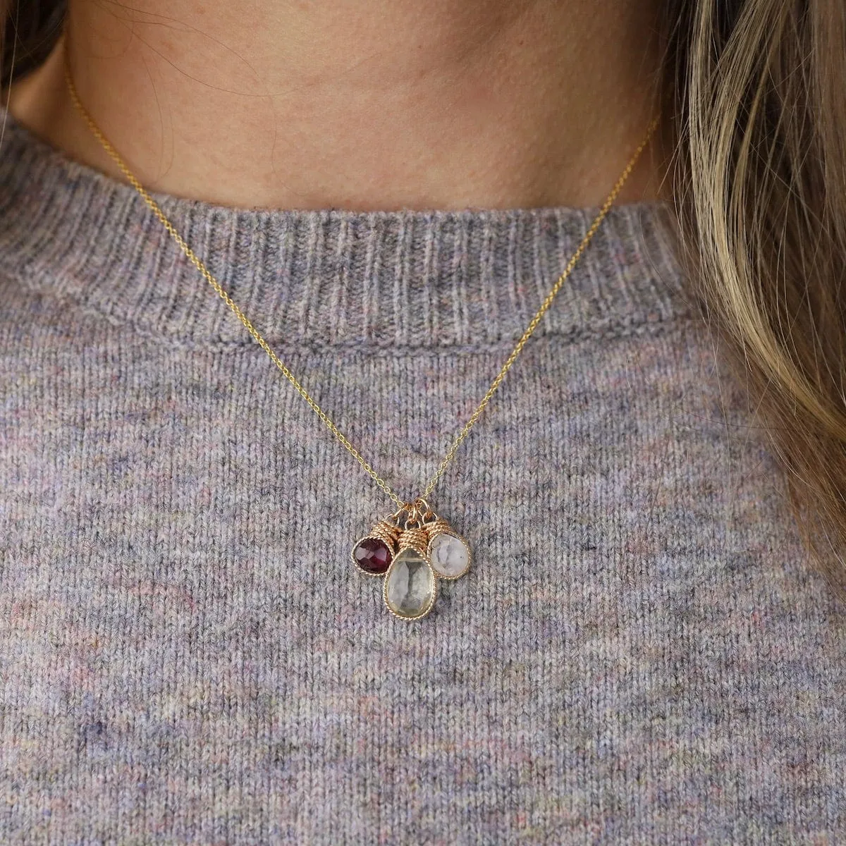 Braided Wrapped Charm Necklace with Rhodolite Garnet, Green Amethyst, and Moonstone