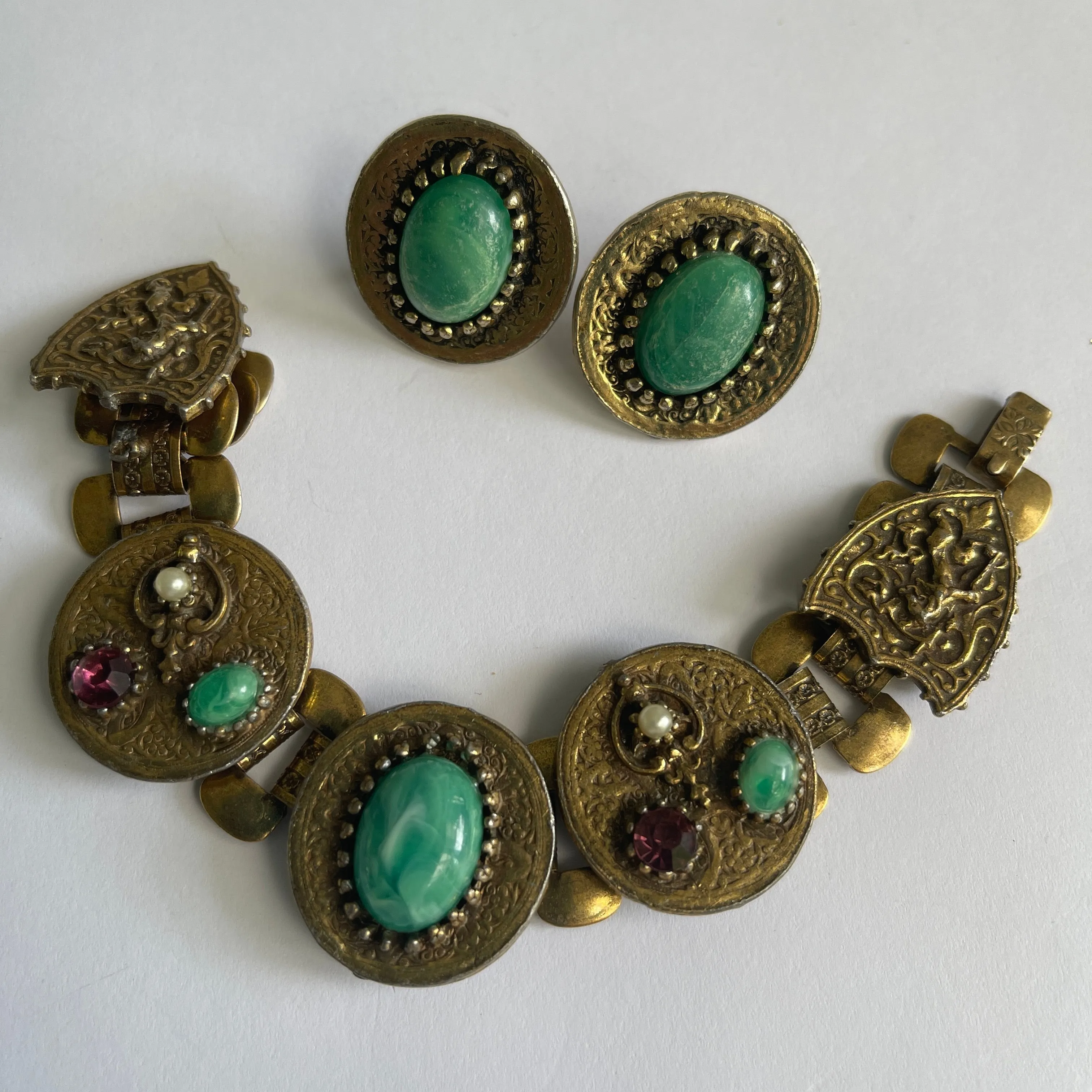 Etruscan Vintage Filigree Mid Century Panel Bracelet & Earrings Set