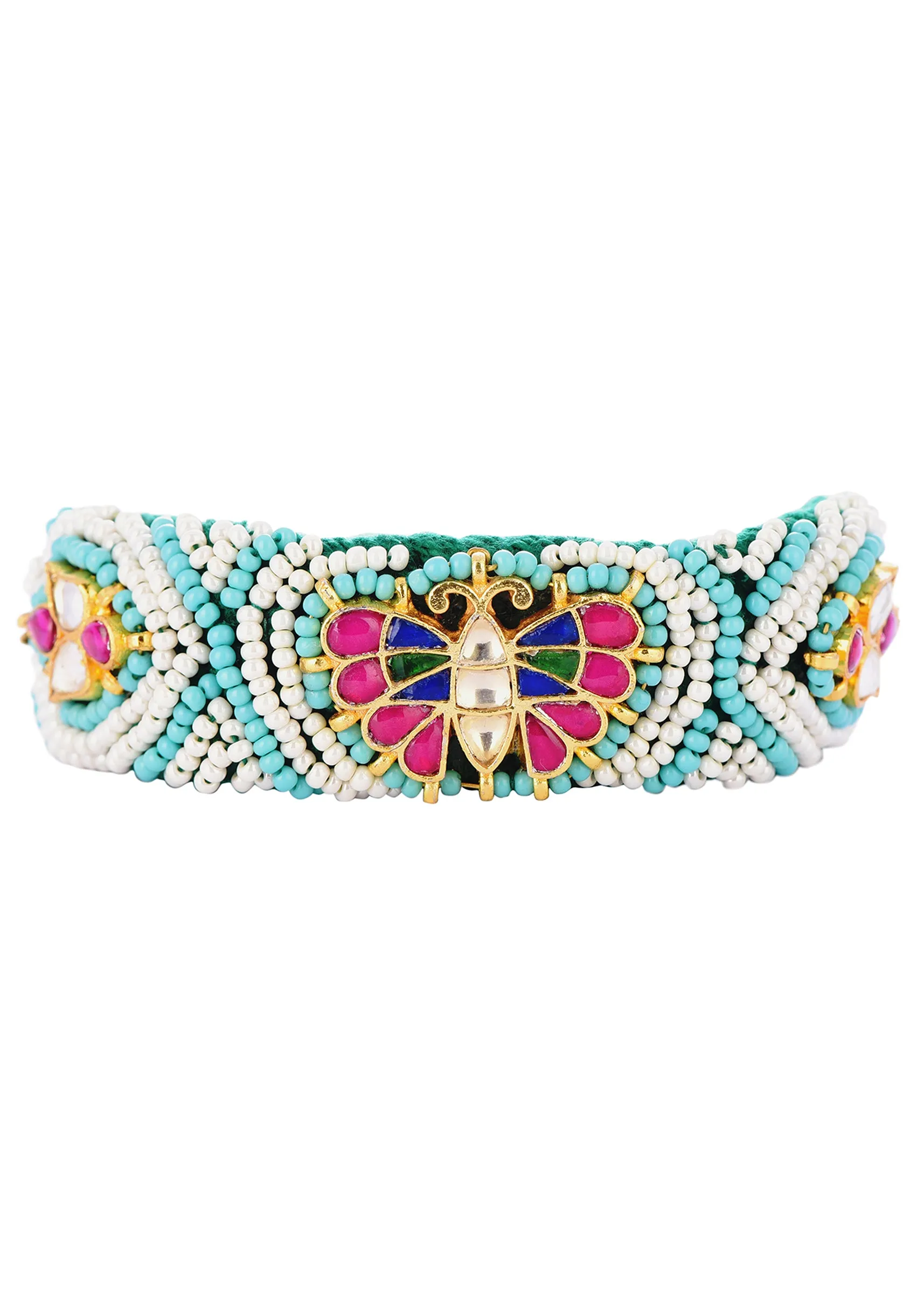 Gold Pachi Kundan Bracelet With Emerald And Ruby In Mix Metal