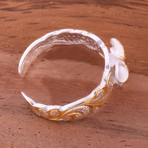 Hawaiian Scroll Two Tone Yellow Gold Plated 8mm Plumeria with Clear CZ Cut Out Edge Toe Ring
