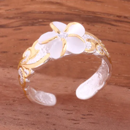 Hawaiian Scroll Two Tone Yellow Gold Plated 8mm Plumeria with Clear CZ Cut Out Edge Toe Ring