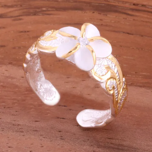 Hawaiian Scroll Two Tone Yellow Gold Plated 8mm Plumeria with Clear CZ Cut Out Edge Toe Ring