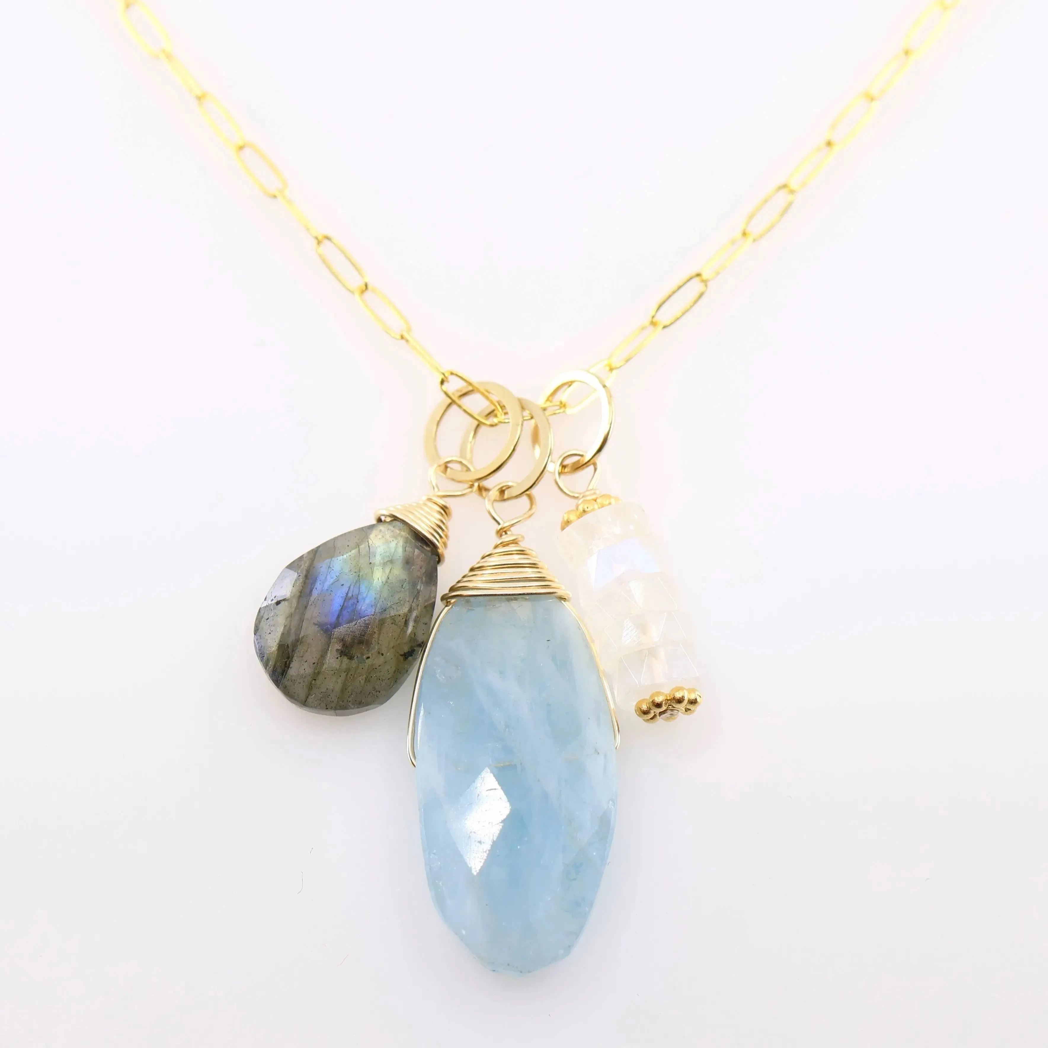 New Milky Aquamarine, Rainbow Moonstone & Labradorite Gemstone Charm Necklace