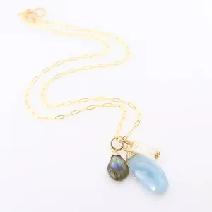 New Milky Aquamarine, Rainbow Moonstone & Labradorite Gemstone Charm Necklace
