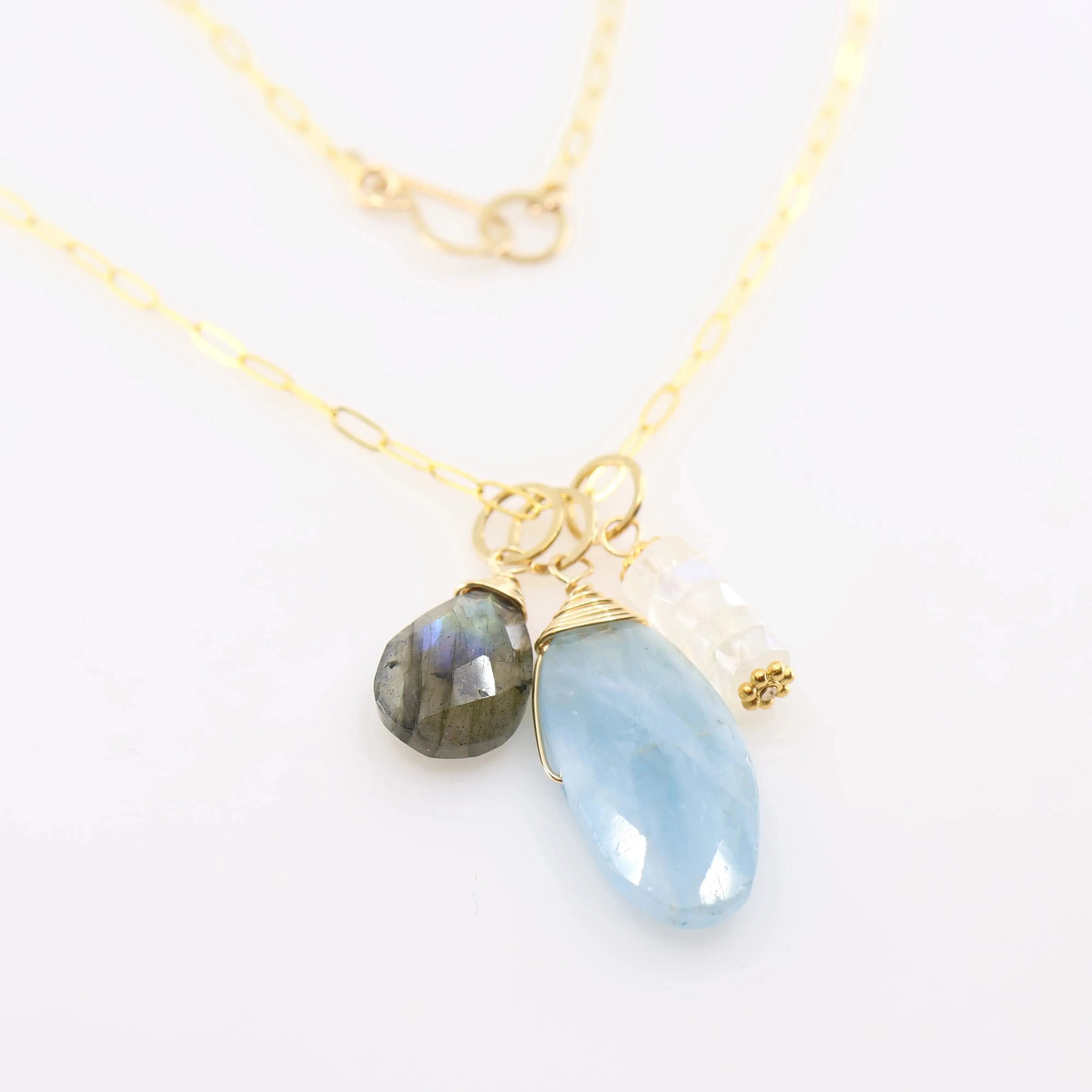 New Milky Aquamarine, Rainbow Moonstone & Labradorite Gemstone Charm Necklace