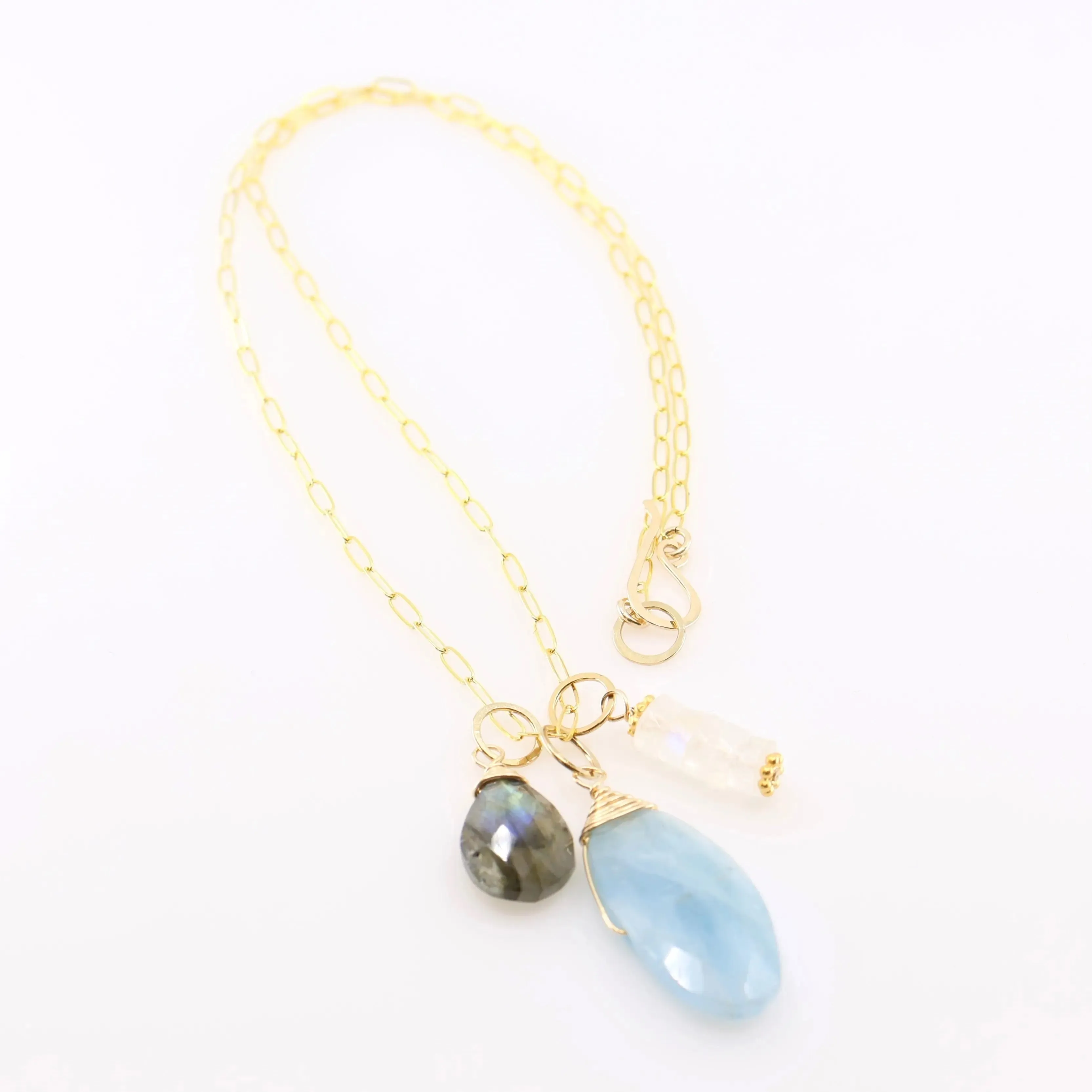 New Milky Aquamarine, Rainbow Moonstone & Labradorite Gemstone Charm Necklace