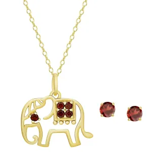 Over S. Silver Garnet Gemstone Elephant Pendant & Stud Set