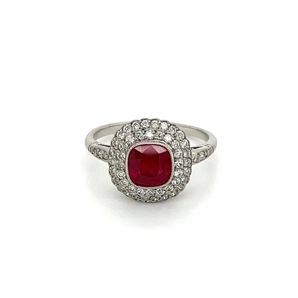 Platinum 1.50ct Cushion Ruby & Double Halo .50tcw OEC Diamond Ring at Regard Jewelry in Austin, Texas