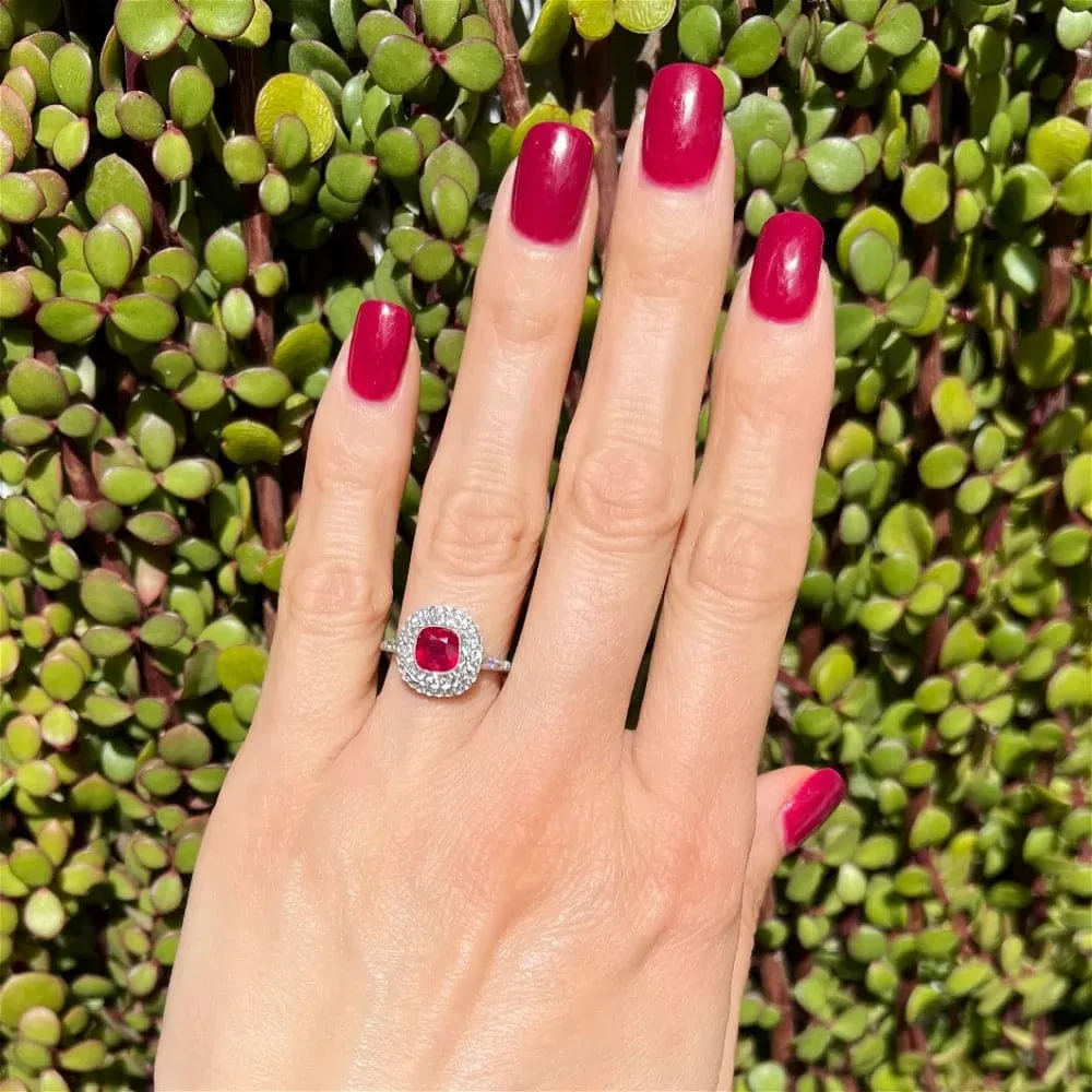 Platinum 1.50ct Cushion Ruby & Double Halo .50tcw OEC Diamond Ring at Regard Jewelry in Austin, Texas