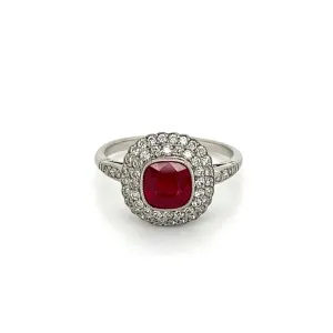 Platinum 1.50ct Cushion Ruby & Double Halo .50tcw OEC Diamond Ring at Regard Jewelry in Austin, Texas