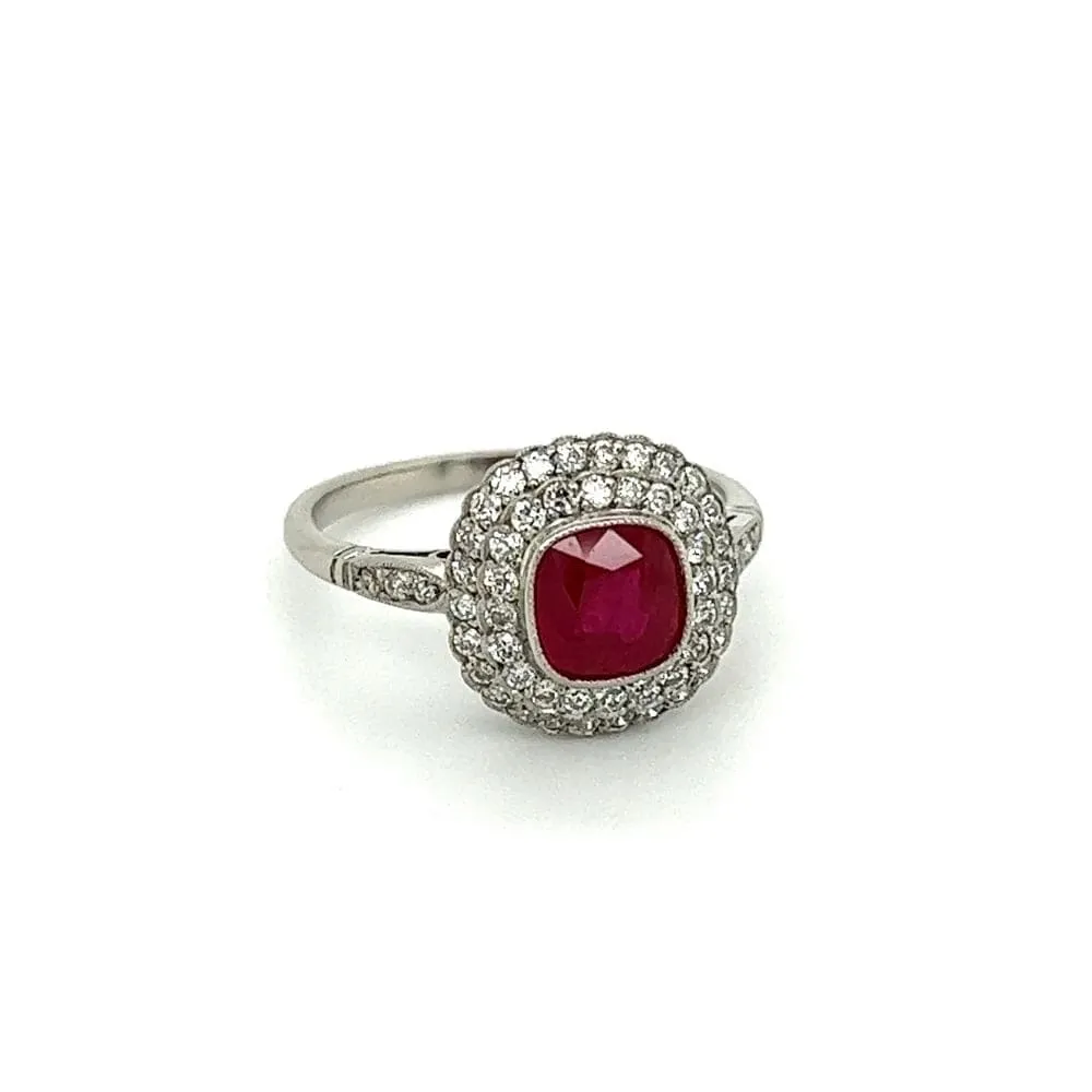 Platinum 1.50ct Cushion Ruby & Double Halo .50tcw OEC Diamond Ring at Regard Jewelry in Austin, Texas