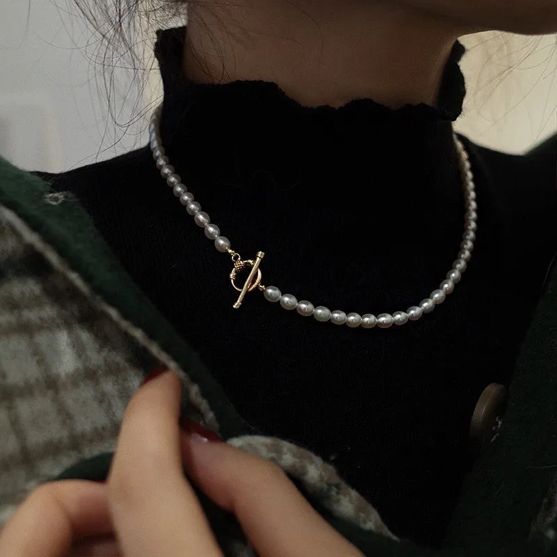 Simple natural pearl necklace with OT clasp