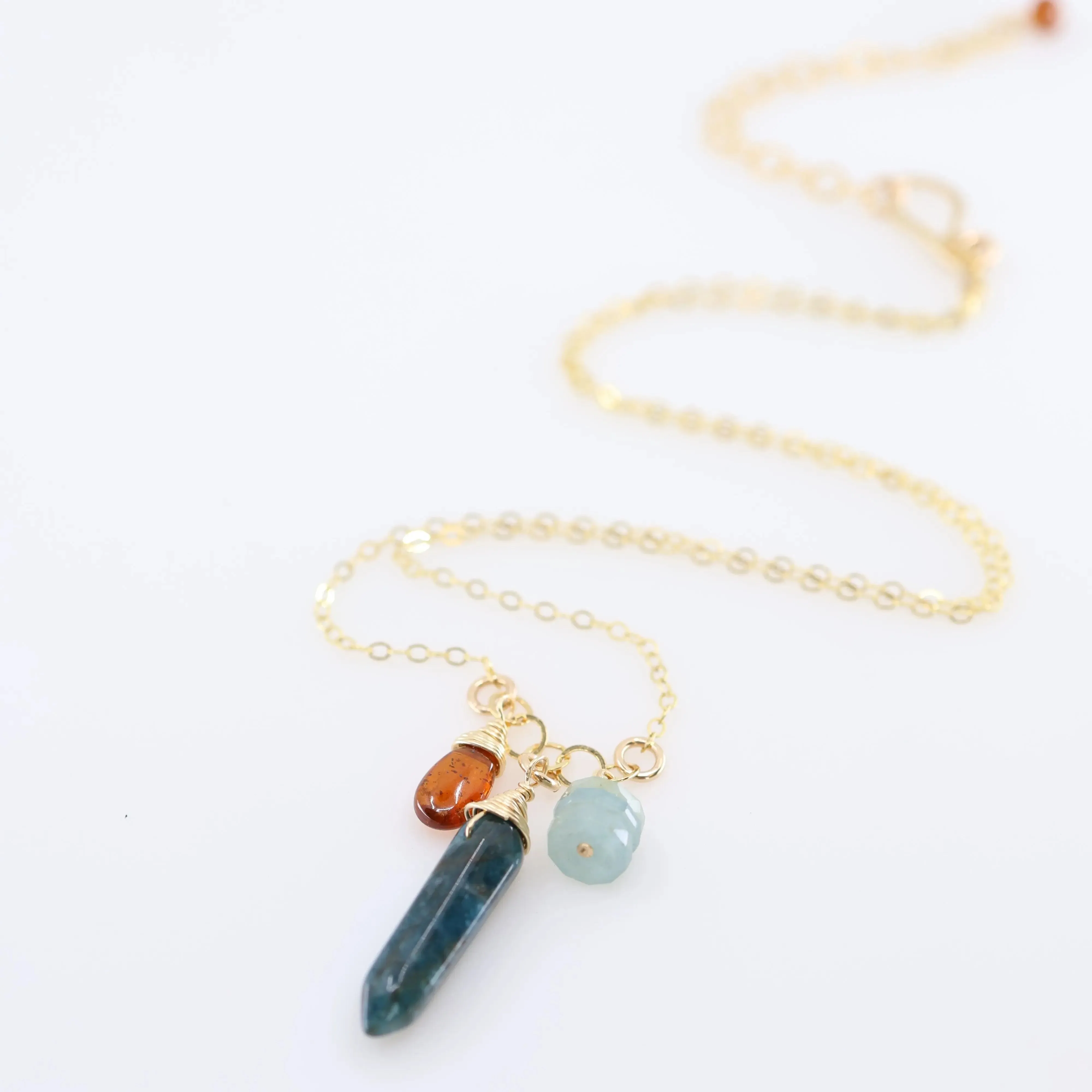 Small Gemstone Cascade Necklace with Apatite, Milky Aquamarine and Orange Kyanite