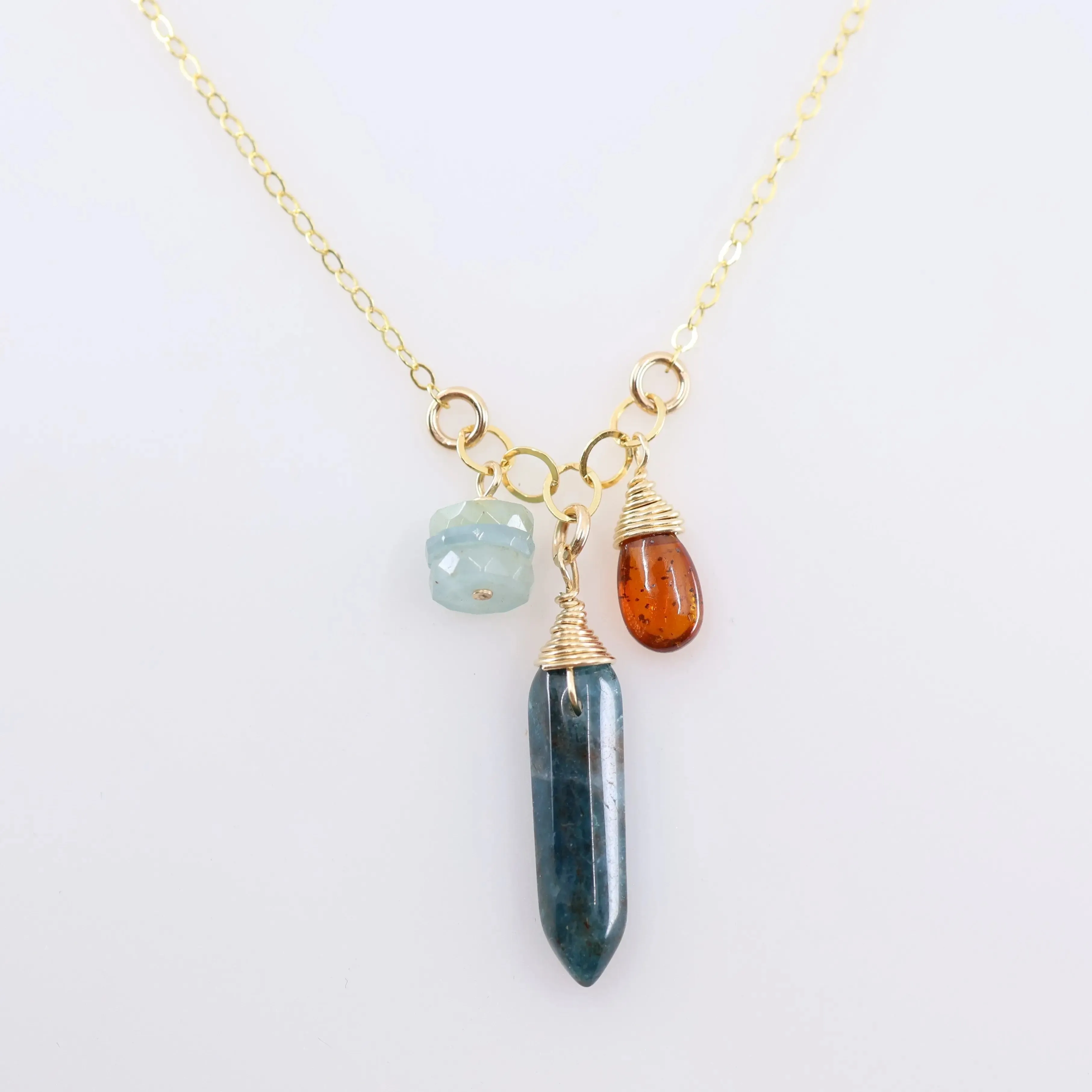Small Gemstone Cascade Necklace with Apatite, Milky Aquamarine and Orange Kyanite
