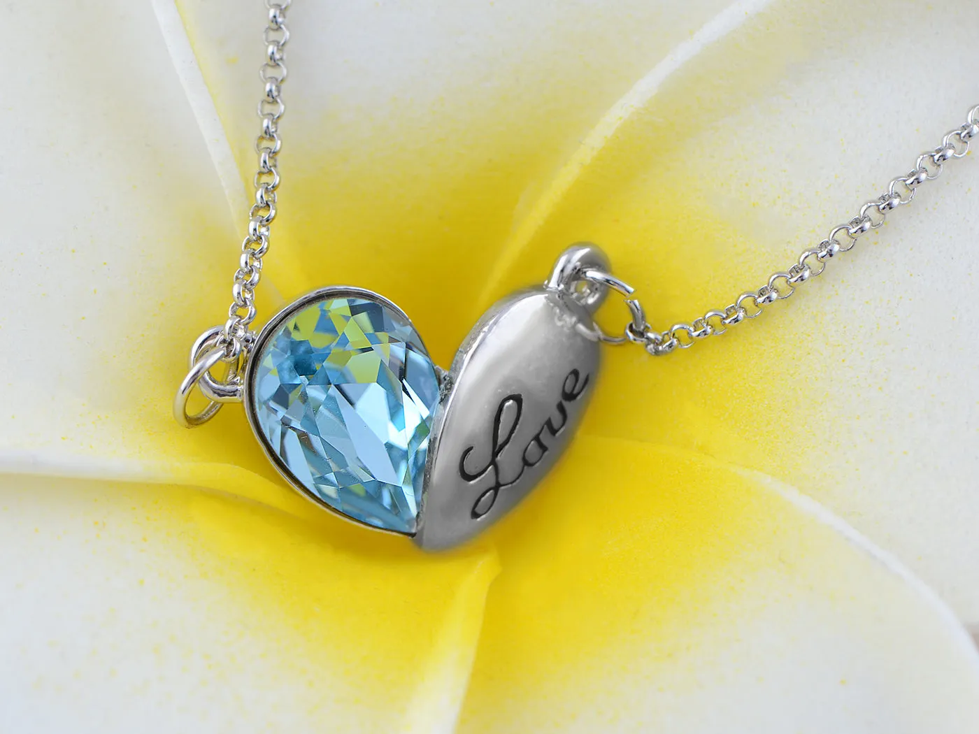 Swarovski Crystal Element Aquamarine Ss Love Script Half A Heart Necklace