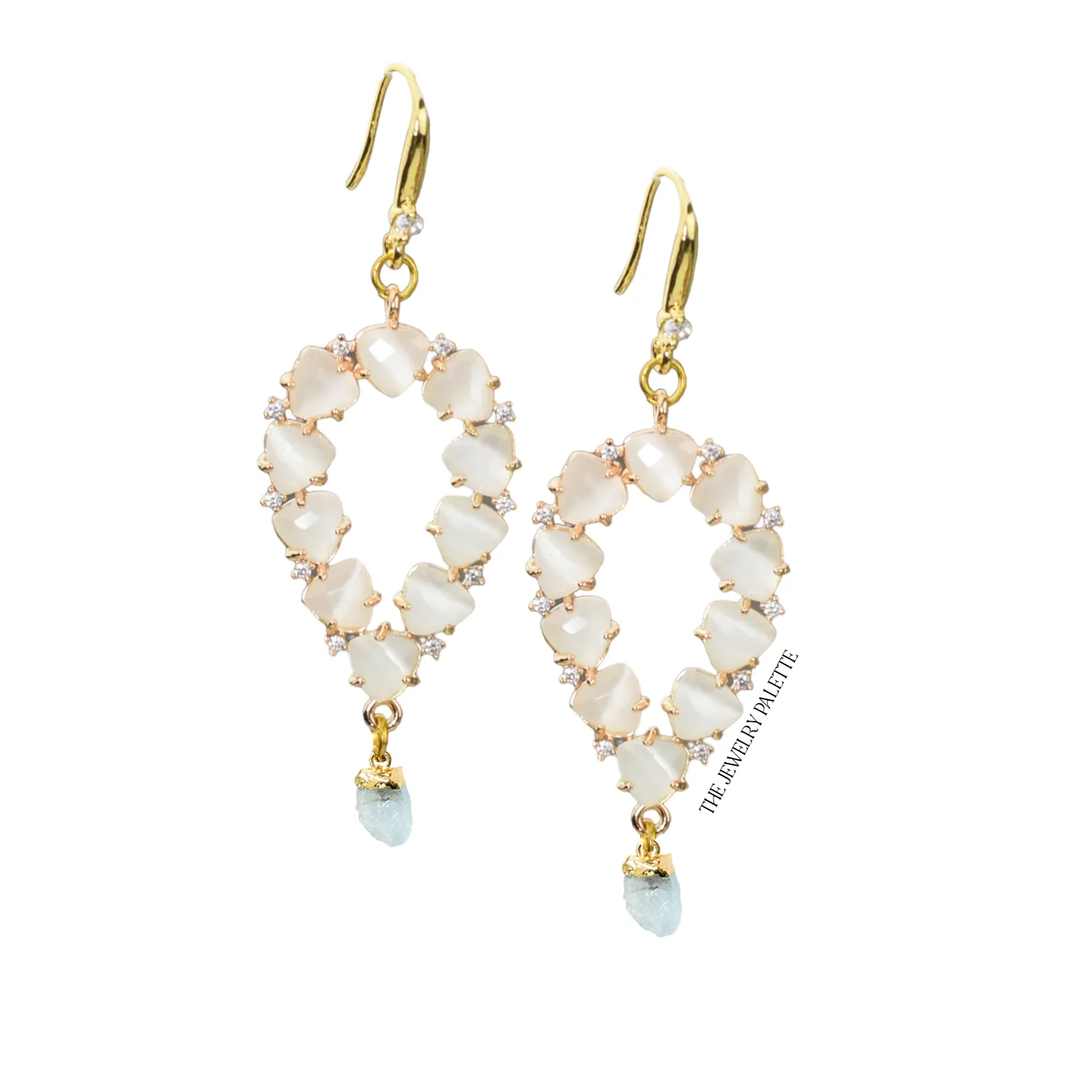 Yara white stones with gold edged aquamarine drop earrings