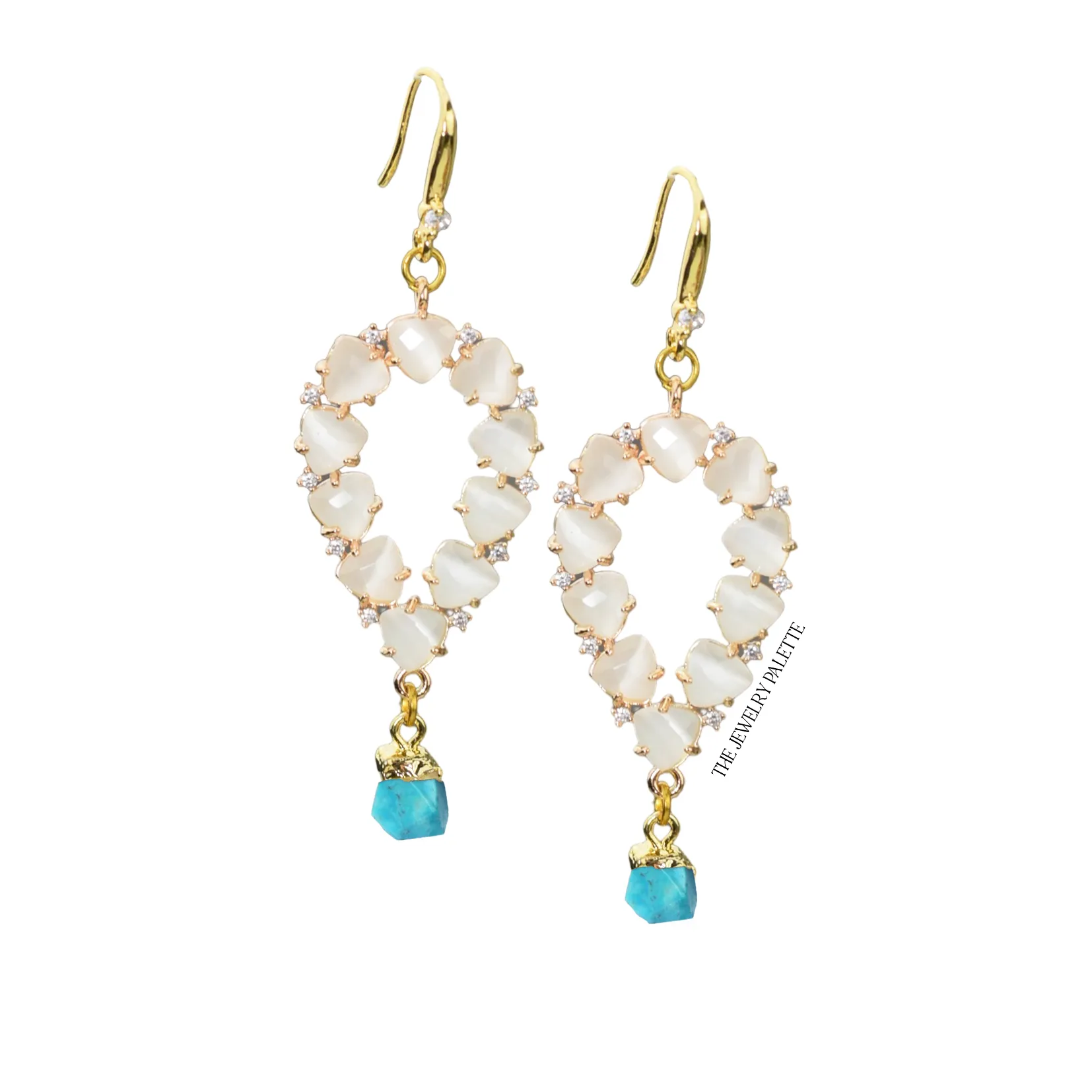 Yara white stones with gold edged aquamarine drop earrings